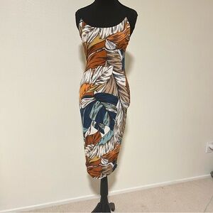 MistyRose Vacation blue/white/brown‎ Leaf Print Midi Dress Sz Medium Stretchy